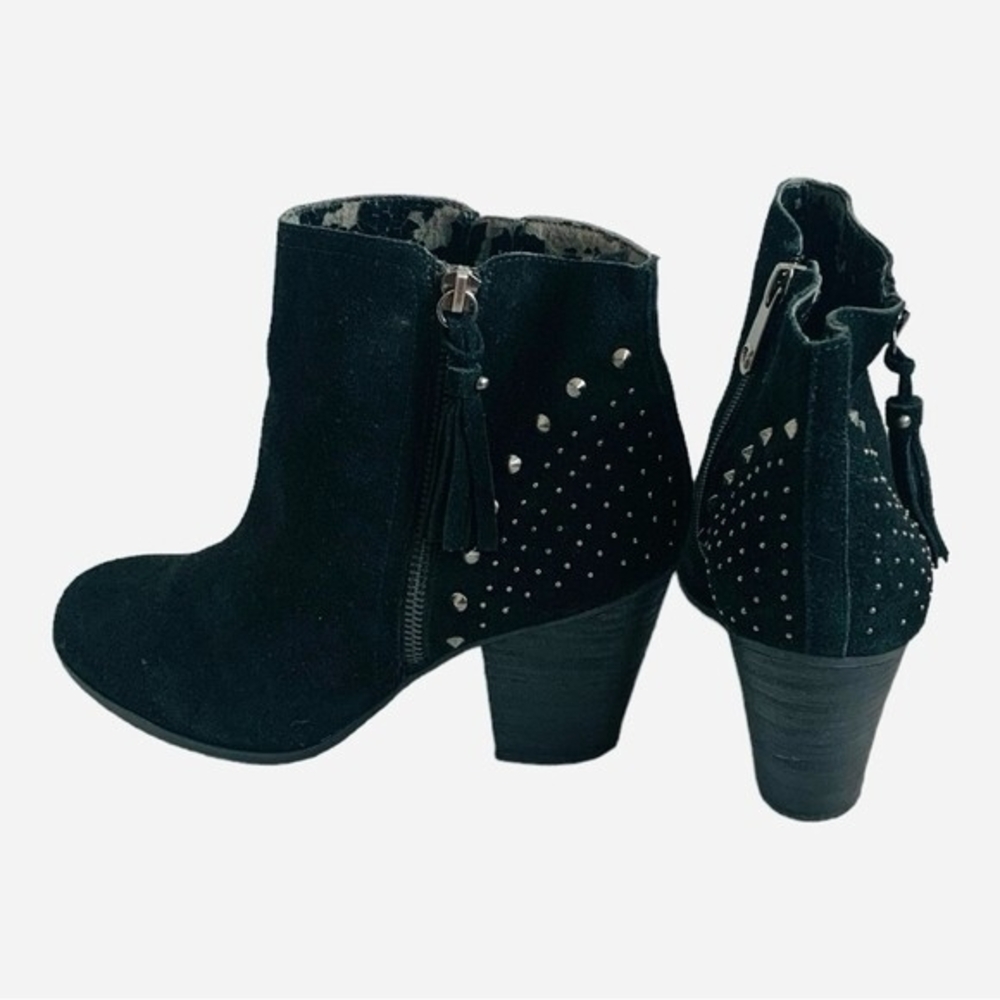 GUESS Black Suede Leather Ankle Boots Women’s 9.5 Spike Fringe Tassel - Picture 5 of 6